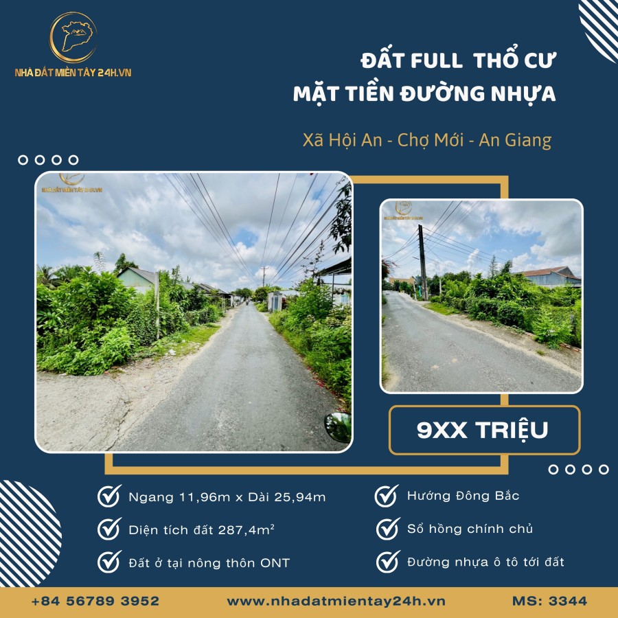 🚗 LÔ ĐẤT ĐẸP ĐƯỜNG Ô TÔ, ĐỐI DIỆN TRƯỜNG HỌC – CƠ HỘI ĐẦU TƯ TẠI HÒA AN, CHỢ MỚI, AN GIANG, GIÁ CHỈ 9XX TRIỆU! (MS: 3344) 🚗